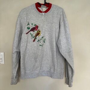 Vintage Morning Sun Gray Cardinal Bird Embroidered Quarter Zip Sweatshirt Medium